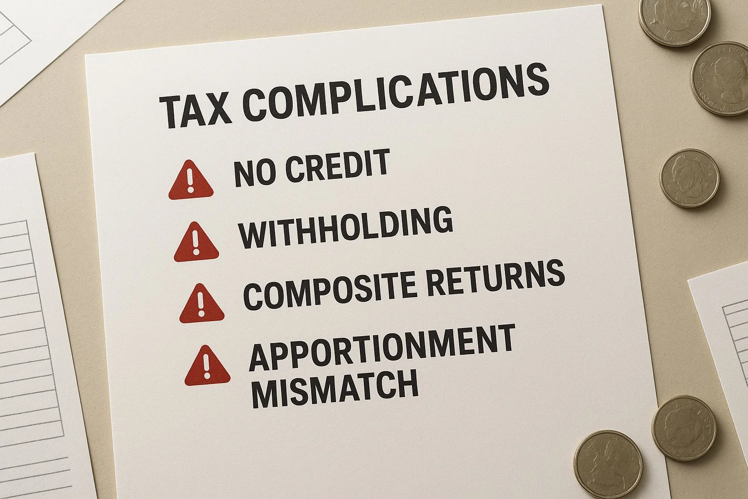 Checklist of tax complications including no credit, withholding, composite returns, and apportionment mismatch, with warning icons, documents, and scattered coins.
