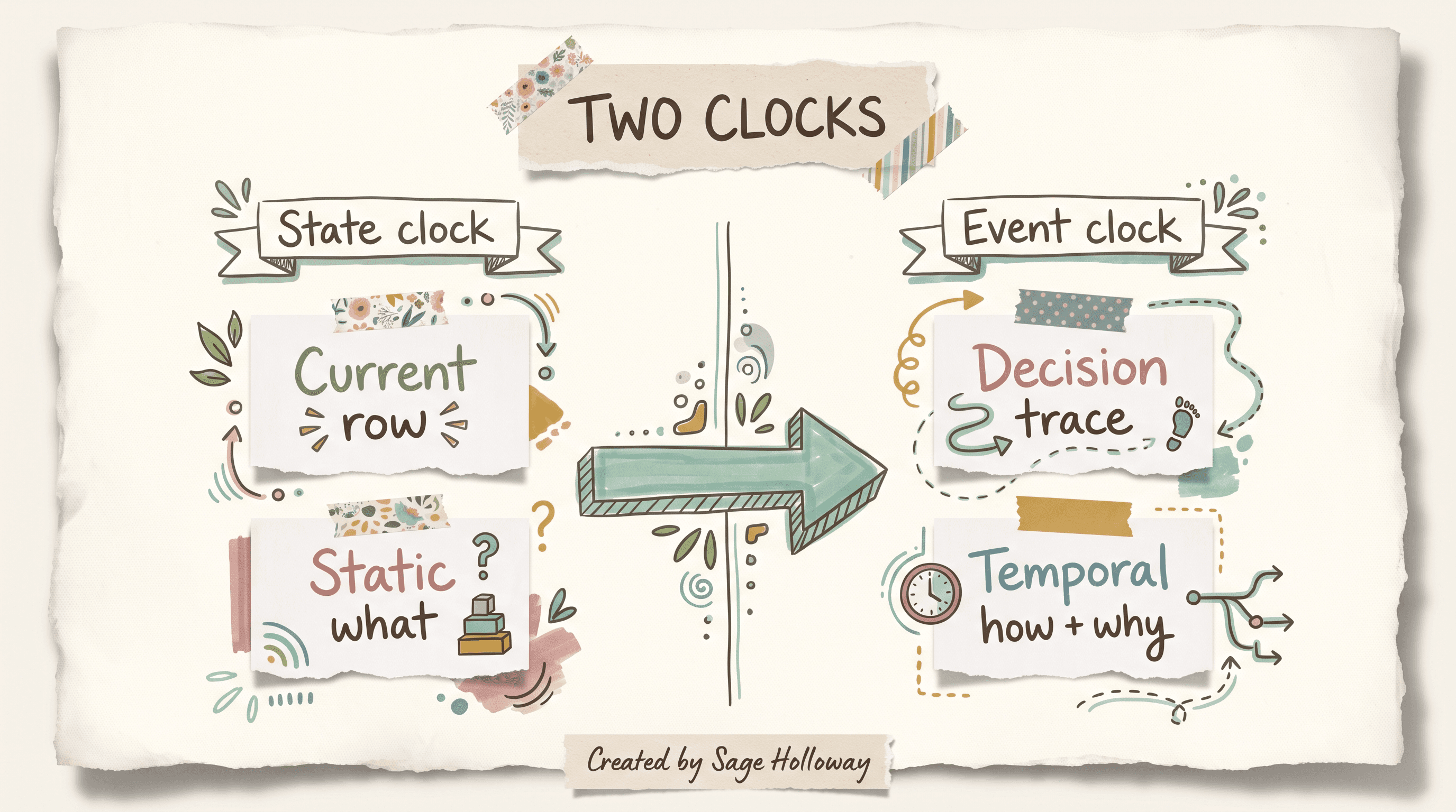 Scrapbook diagram comparing a static state-clock database snapshot to an event-clock timeline of decision traces