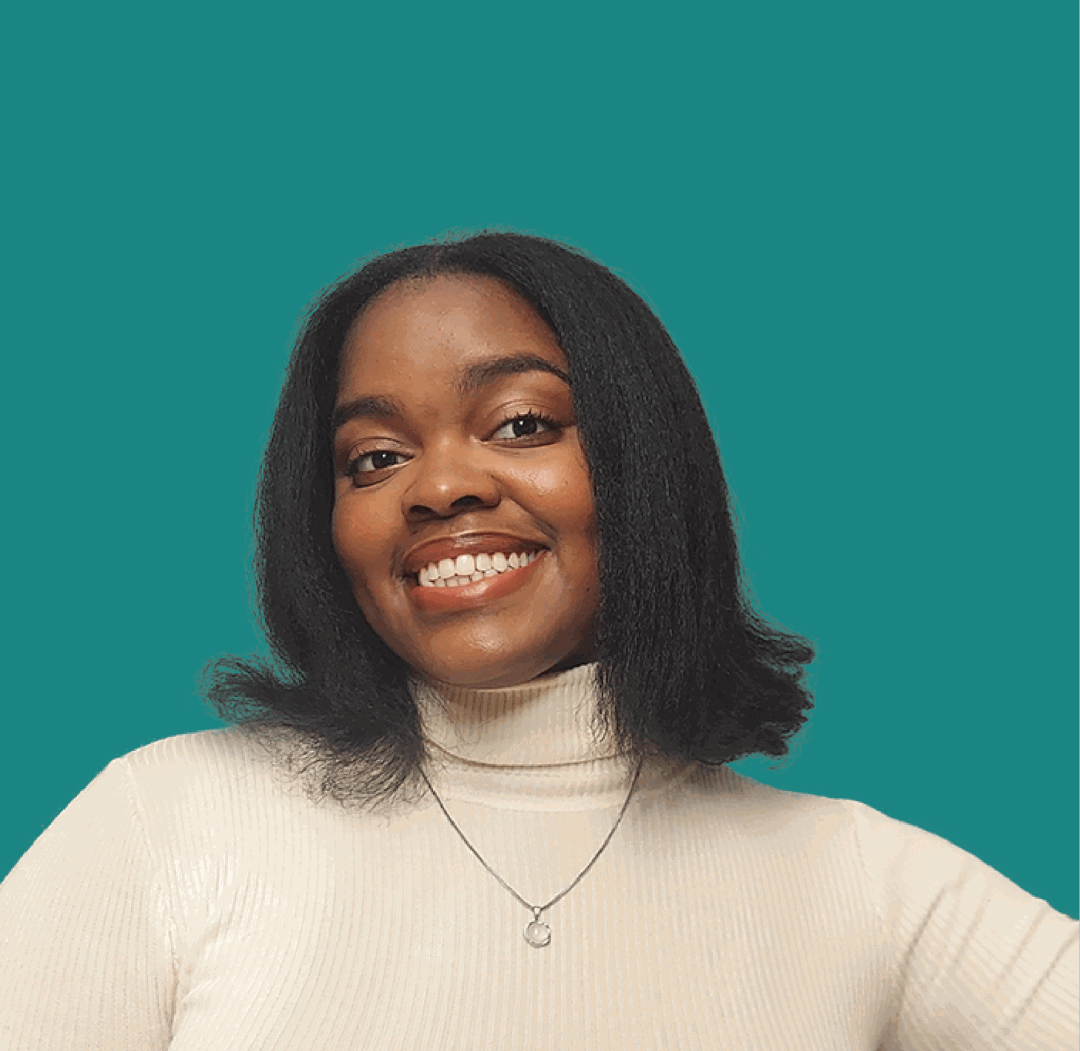 A square gif of Ginevra's smiling portrait, a black female, showing her in a white ribbed turtleneck, clear pearl pendant necklace, and dark brown pressed hair. The gif cycles between 4 frames: 1. plain, no edits. 2. black and white pixelated shades over her eyes, black and white prayer hands at bottom right, "you are offline" internet dino at top left. 3.colorful geometric shapes with green checkered shades over her eyes. 4. harry potter glasses, harry potter scar on forehead, reading "leviosaaahh" around her head