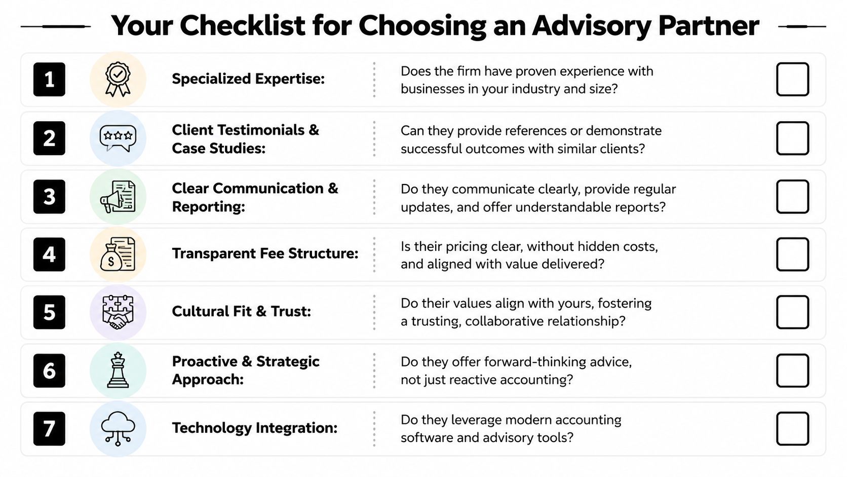 A checklist infographic titled Your Checklist for Choosing an Advisory Partner with seven criteria for businesses.