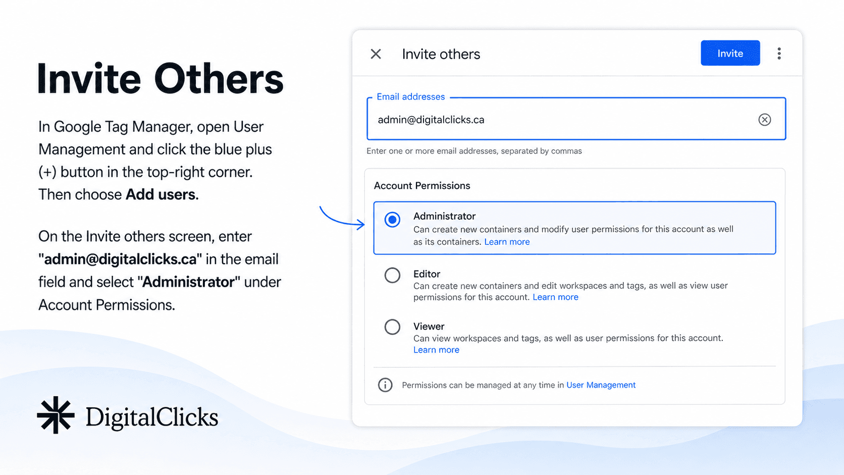  Google Tag Manager invitation screen showing admin@digitalclicks.ca and Administrator account permission.