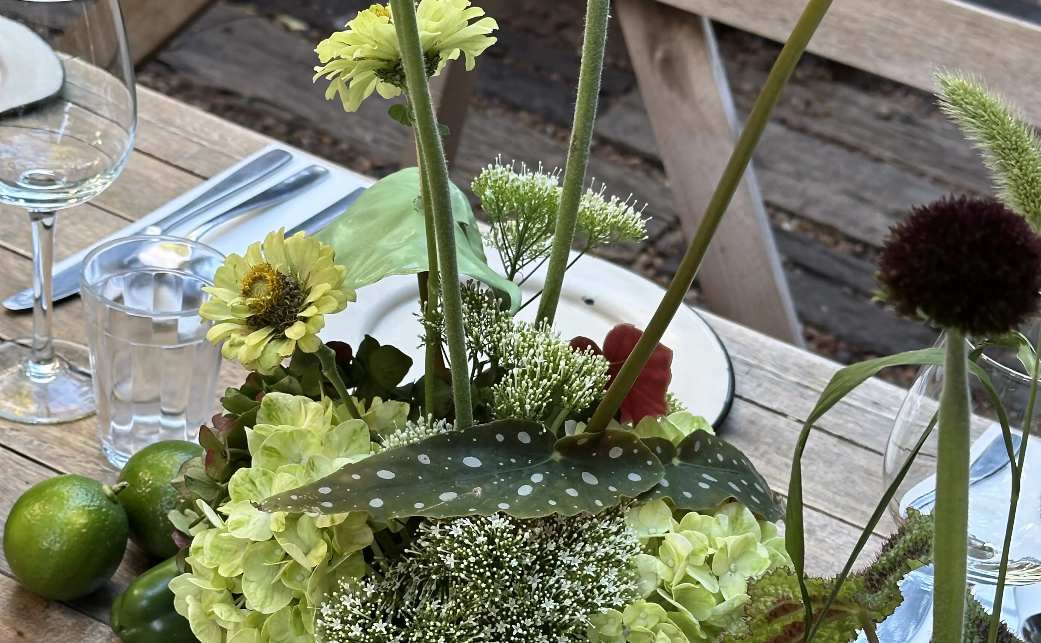 Detalle de centro floral con hortensias, zinnias y hojas moteadas, decorado con limas frescas.