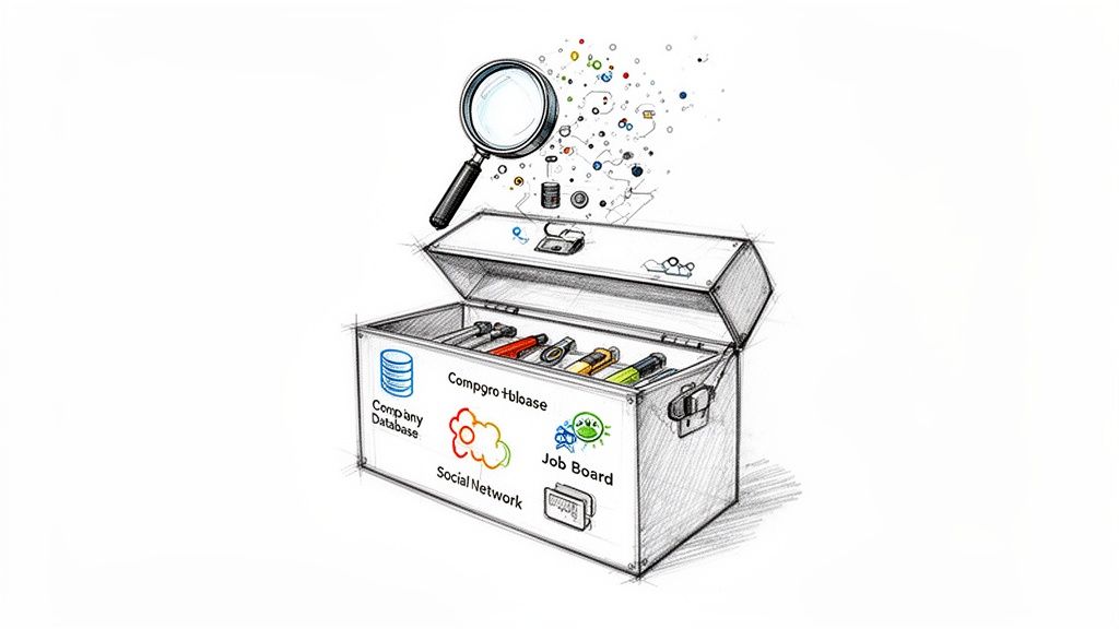 Illustration of a data research toolbox with database, social network, and job board icons, under a magnifying glass analyzing data points.