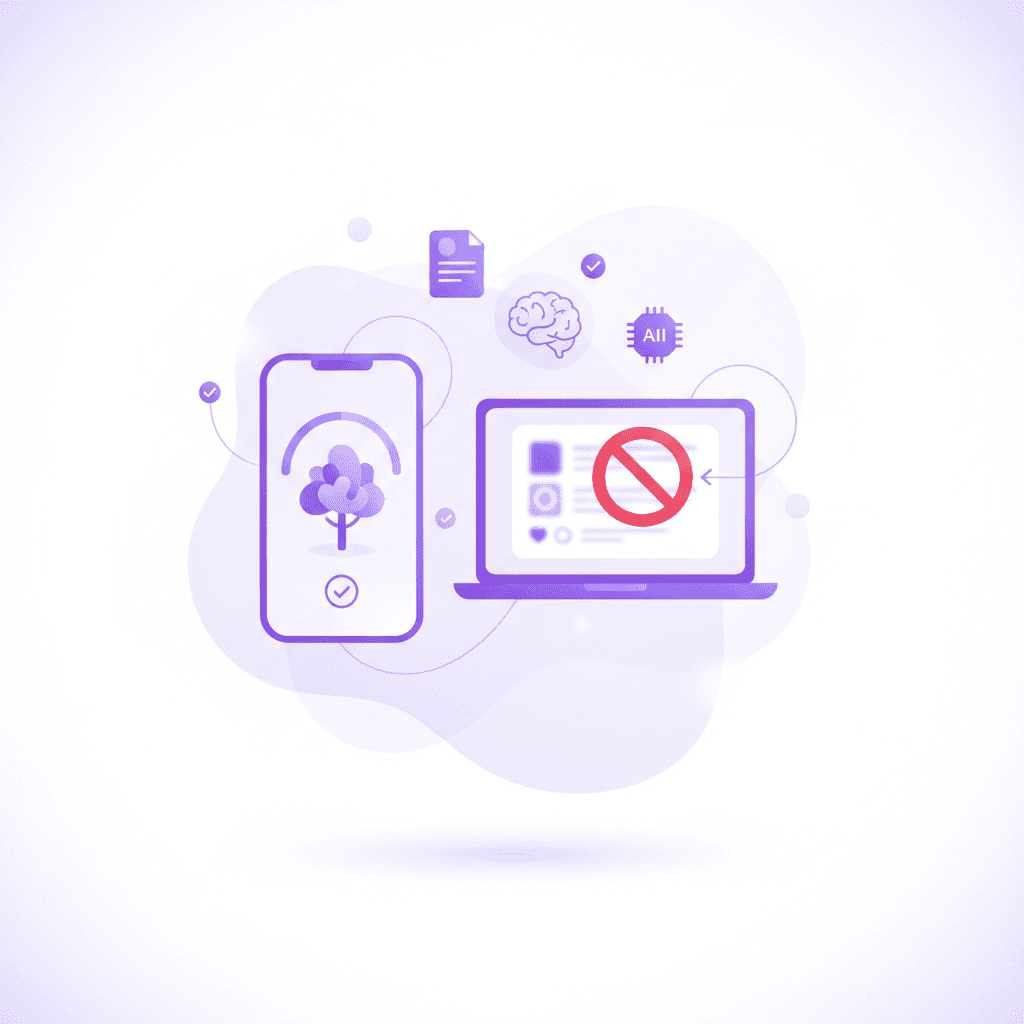 A smartphone screen showing a focus timer app like Forest alongside a laptop with a blocked social media page notification