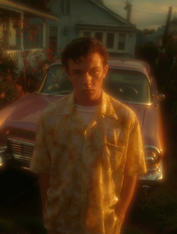 Cinematic portrait of a young man in a shimmering gold shirt in front of a vintage car under warm, hazy light.