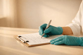 Medical clipboard with stethoscope and pen on desk in clinic office