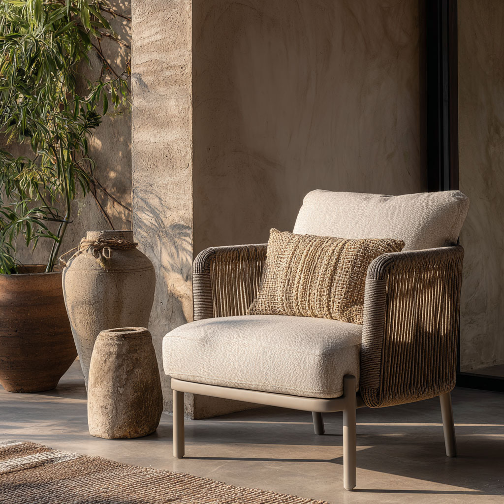Ein gemütlicher Sessel mit beigen Kissen und einem strukturierten Polster steht neben zwei rustikalen Tontöpfen vor einer Steinwand mit Sonnenlicht und Schatten, alles wunderschön eingefangen in dieser 3D-Darstellung mit einer grünen Topfpflanze im Hintergrund.