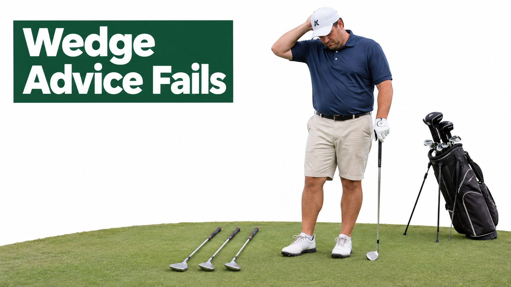 A frustrated golfer standing on a putting green with three wedges lined up on the grass.
