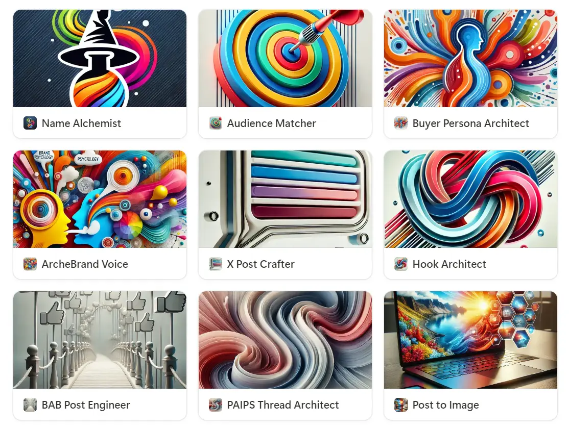 Grid of colorful AI tool icons representing the nine custom GPTs included in ContentEngine AI.