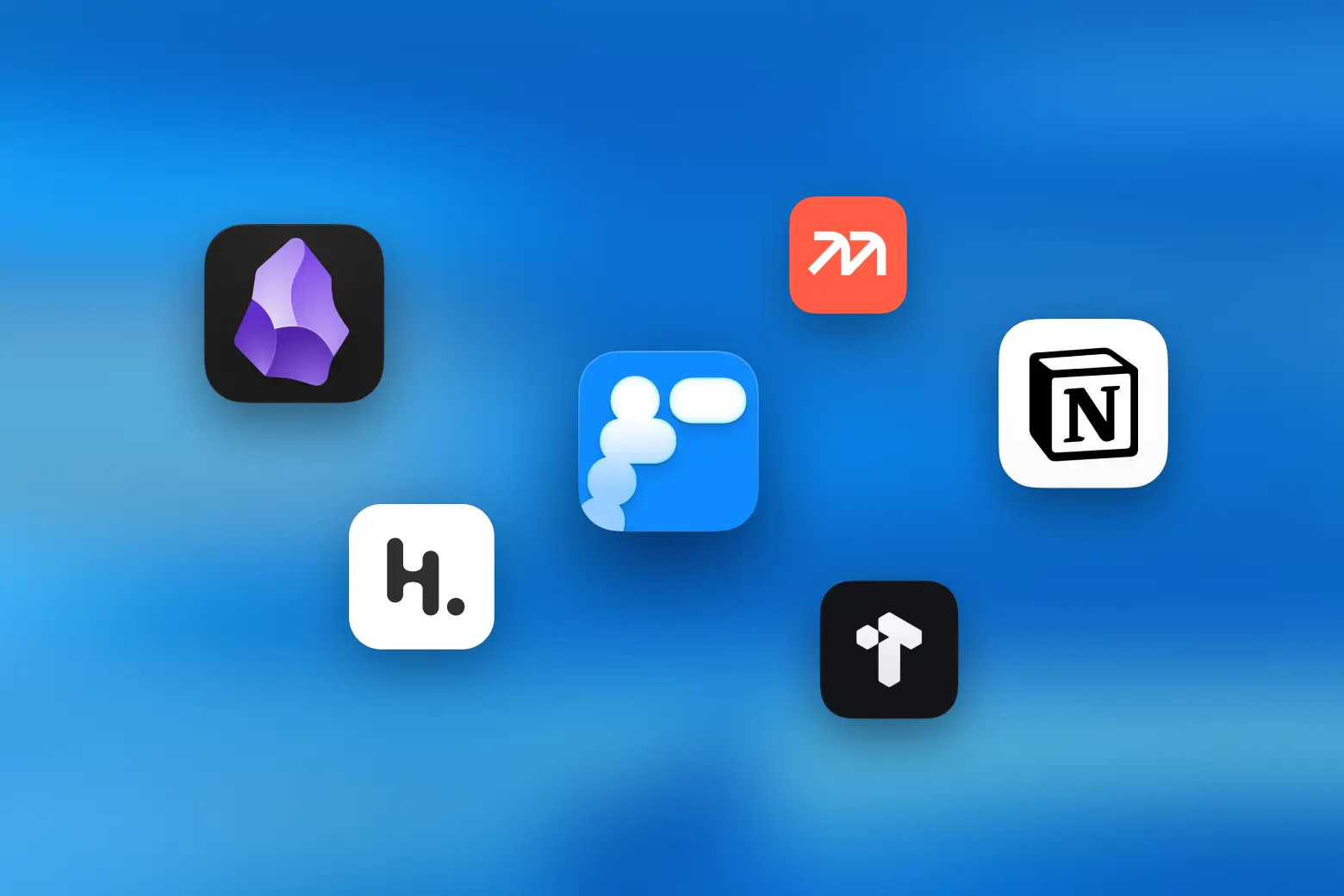 Logos of popular second brain apps — including Obsidian, Notion, Mem, Heptabase, Tana, and others — arranged on a blue gradient background.
