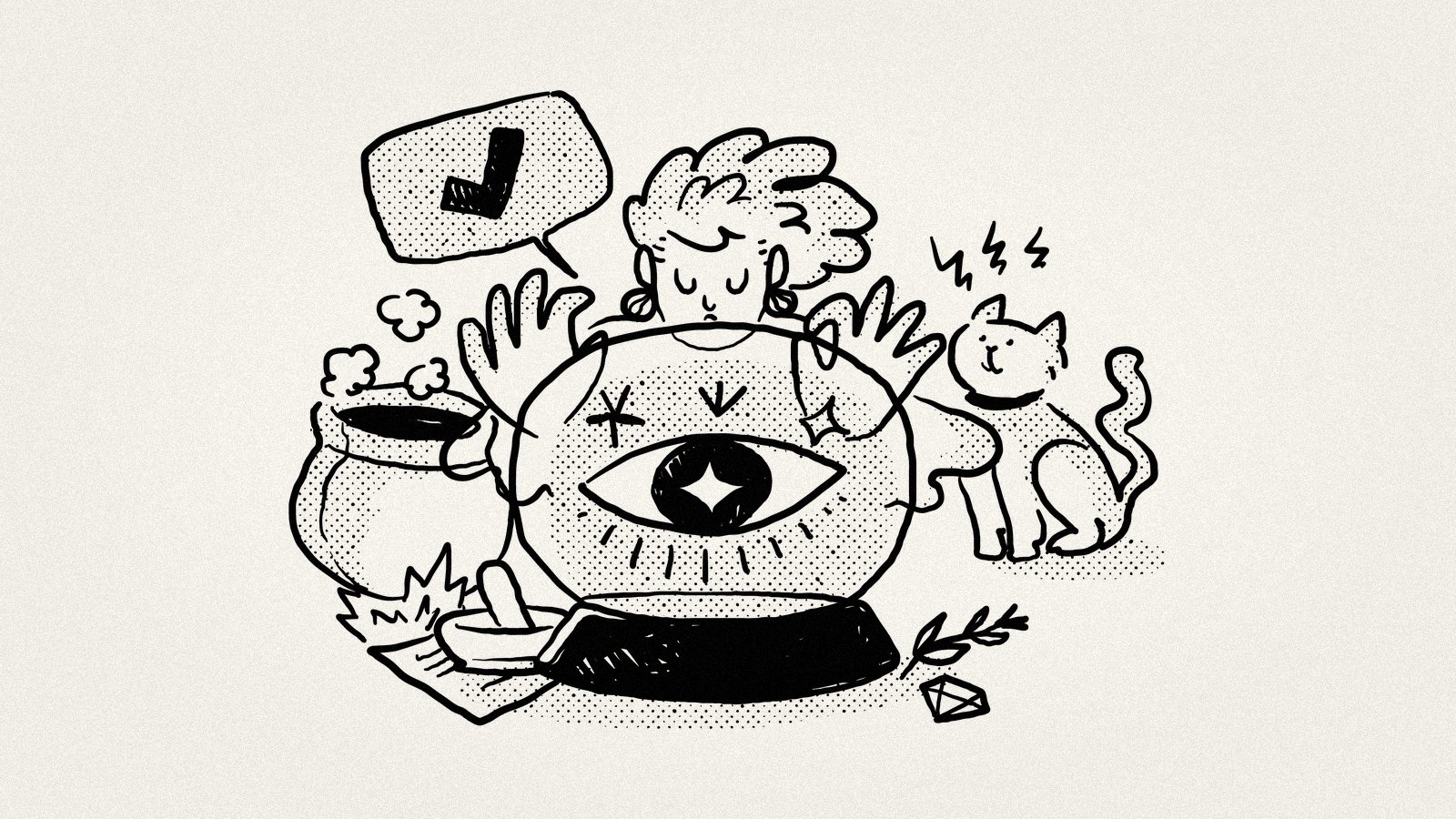woman stands over a crystall ball, with potion and cat next to her