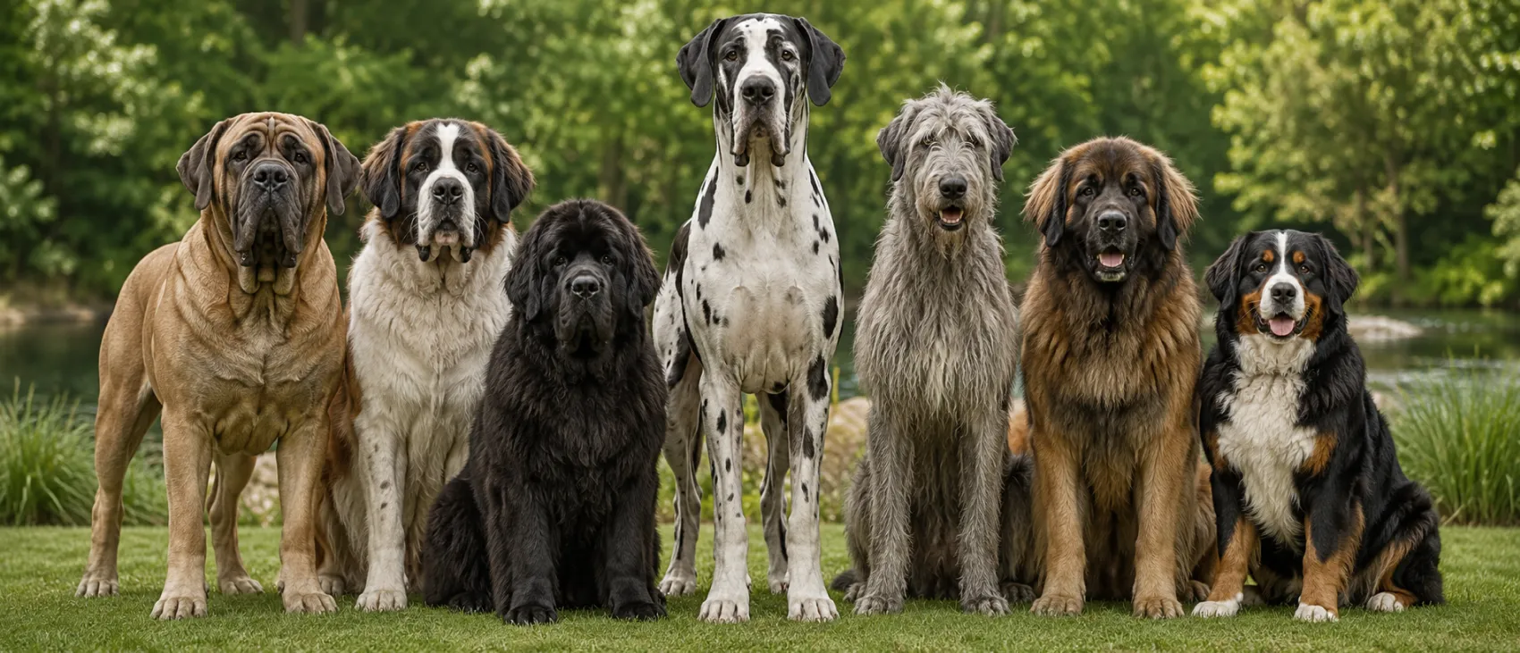 A lineup of large dog breeds standing together outdoors.