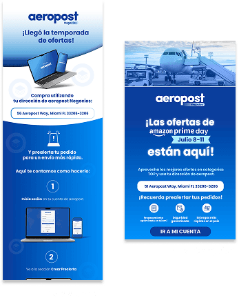 Collection of Aeropost B2B campaign and sales assets, including email campaigns, pre-alert communication, digital banners, social media content, and a sales contact card.
