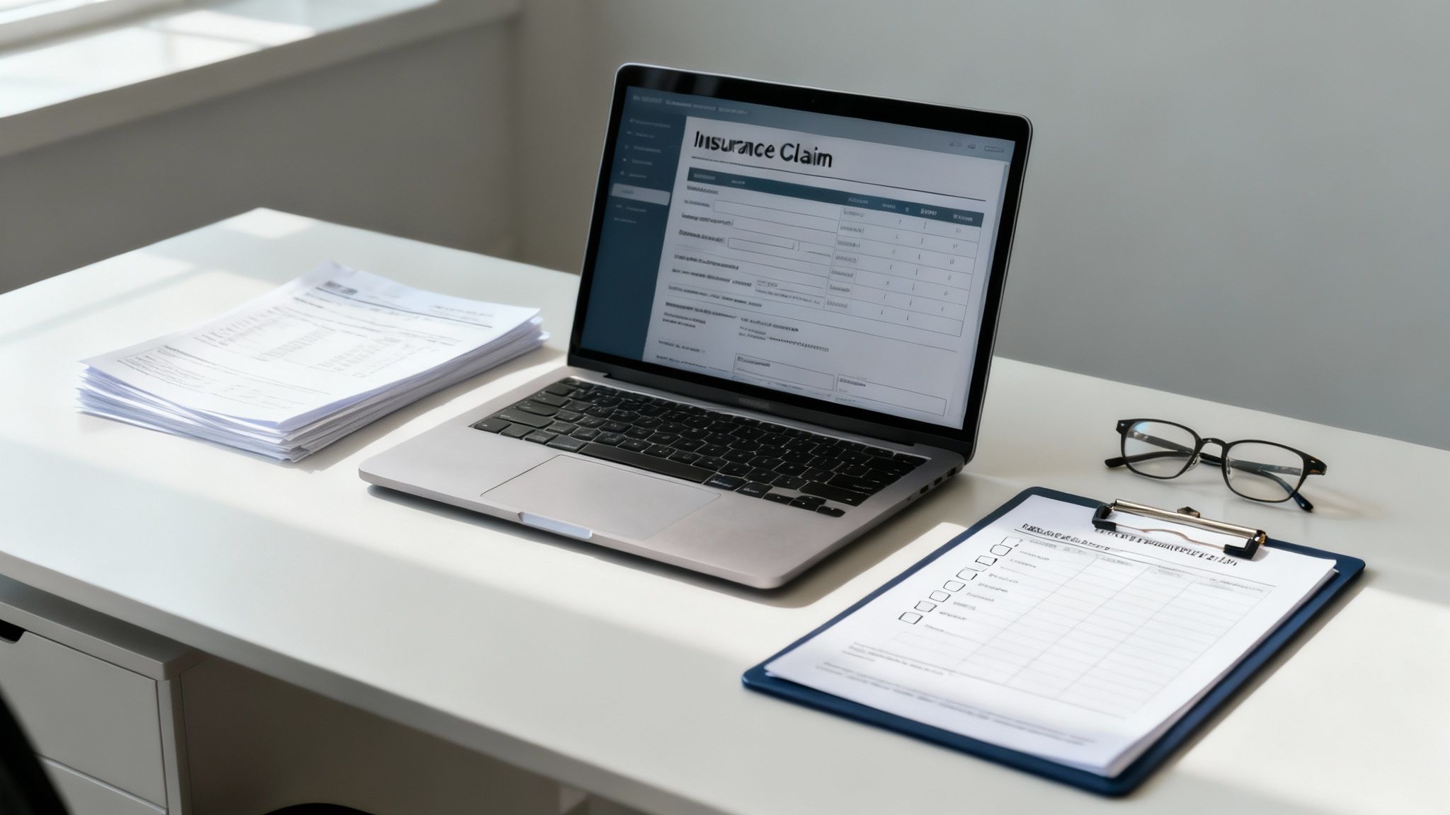 Laptop displaying insurance claim form on desk with documents and checklist for filing claims