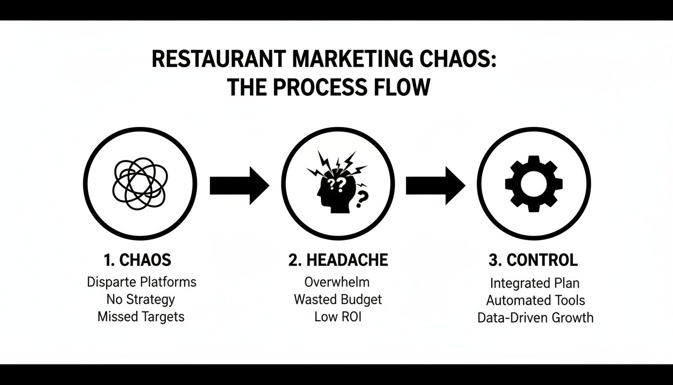 A three-step process flow illustrating restaurant marketing's journey from chaos to control with key solutions.
