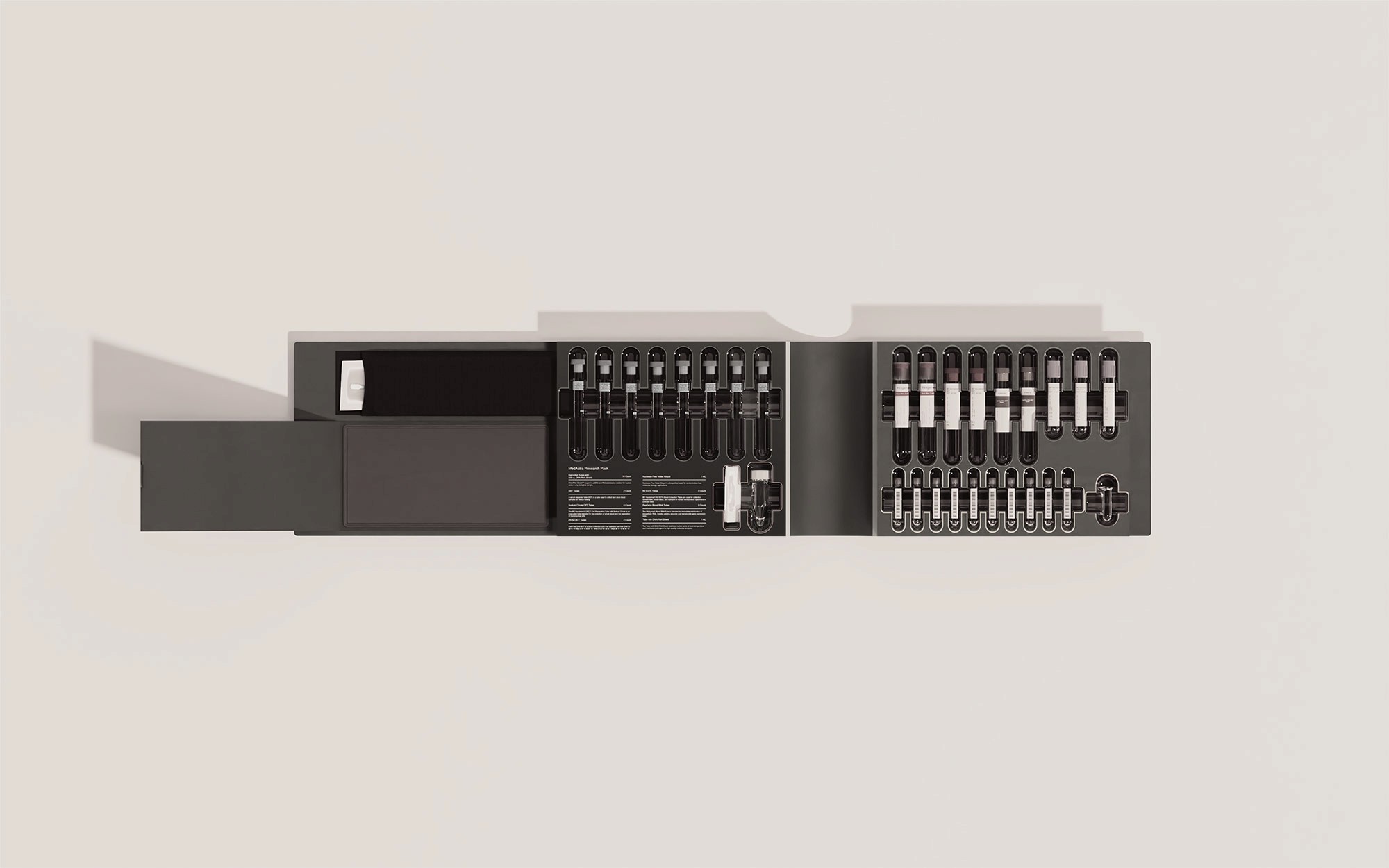 MedAstra research pack interior render — modular medical kit with organized vial storage and diagnostic components