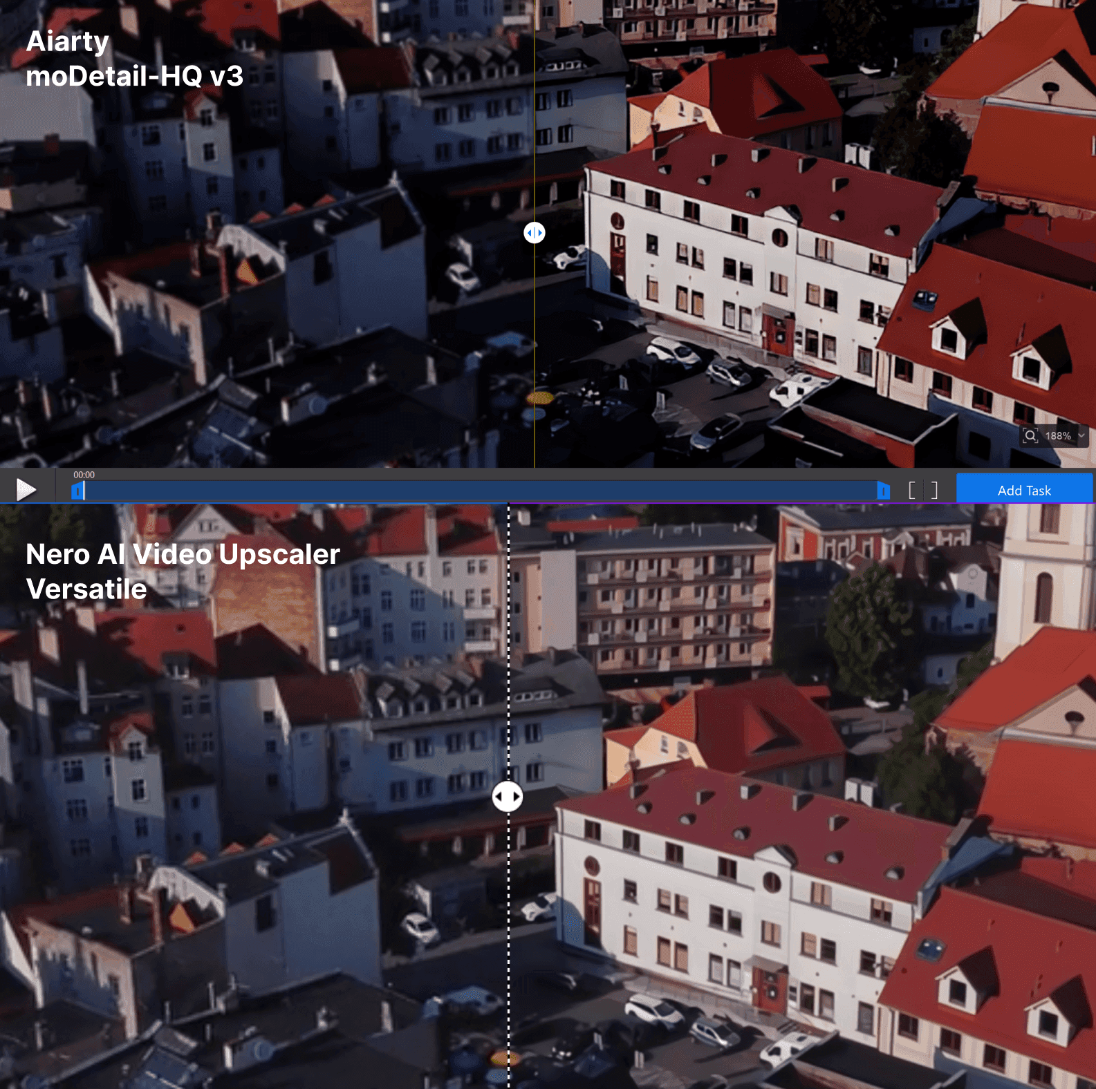 Aiarty Video EnhancerのmoDetail-HQとNero AI Video UpscalerのVersatileの比較