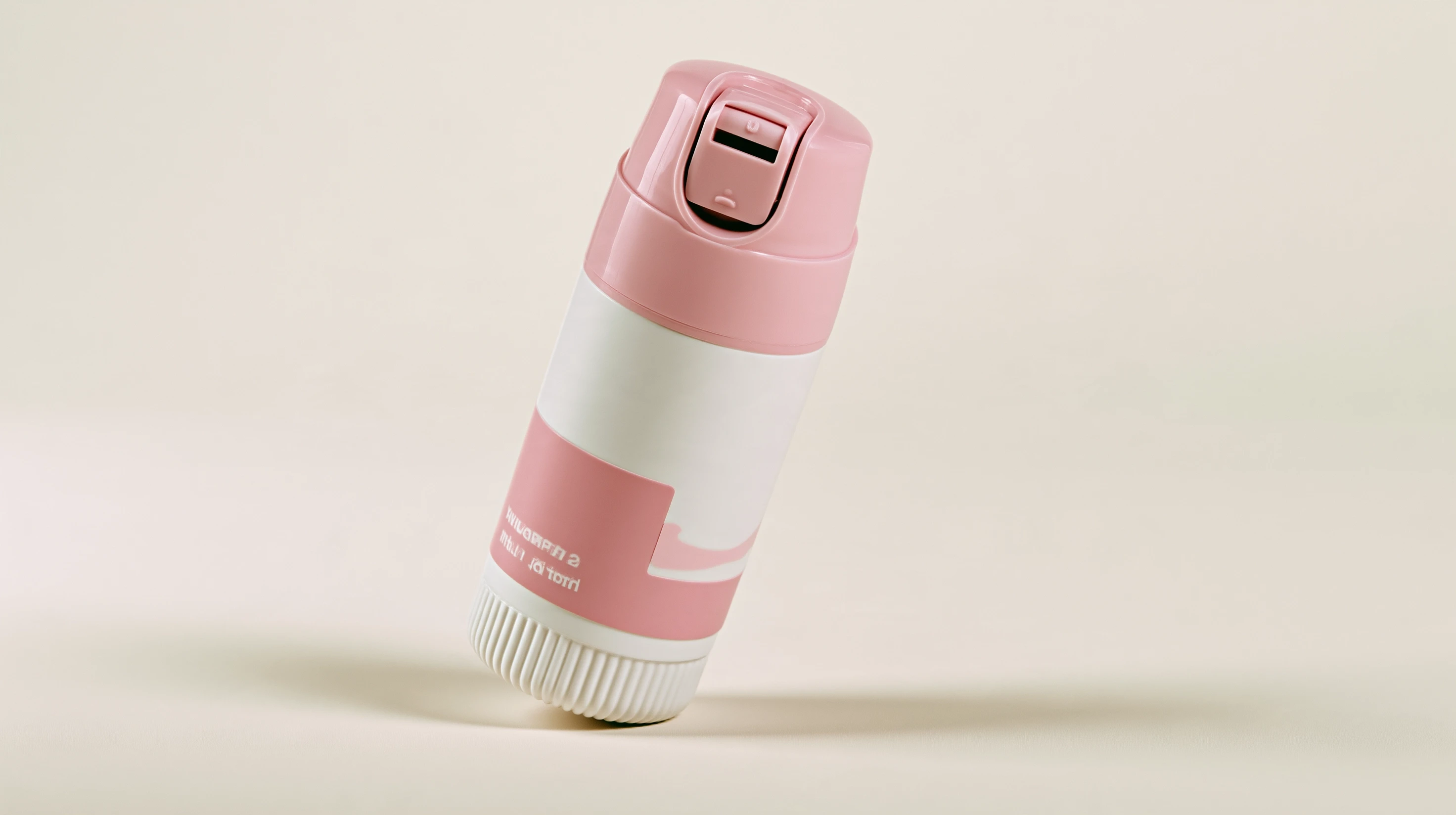 Pink-and-white bottle tilted on its ribbed base, showing the rounded pink cap against a beige background.