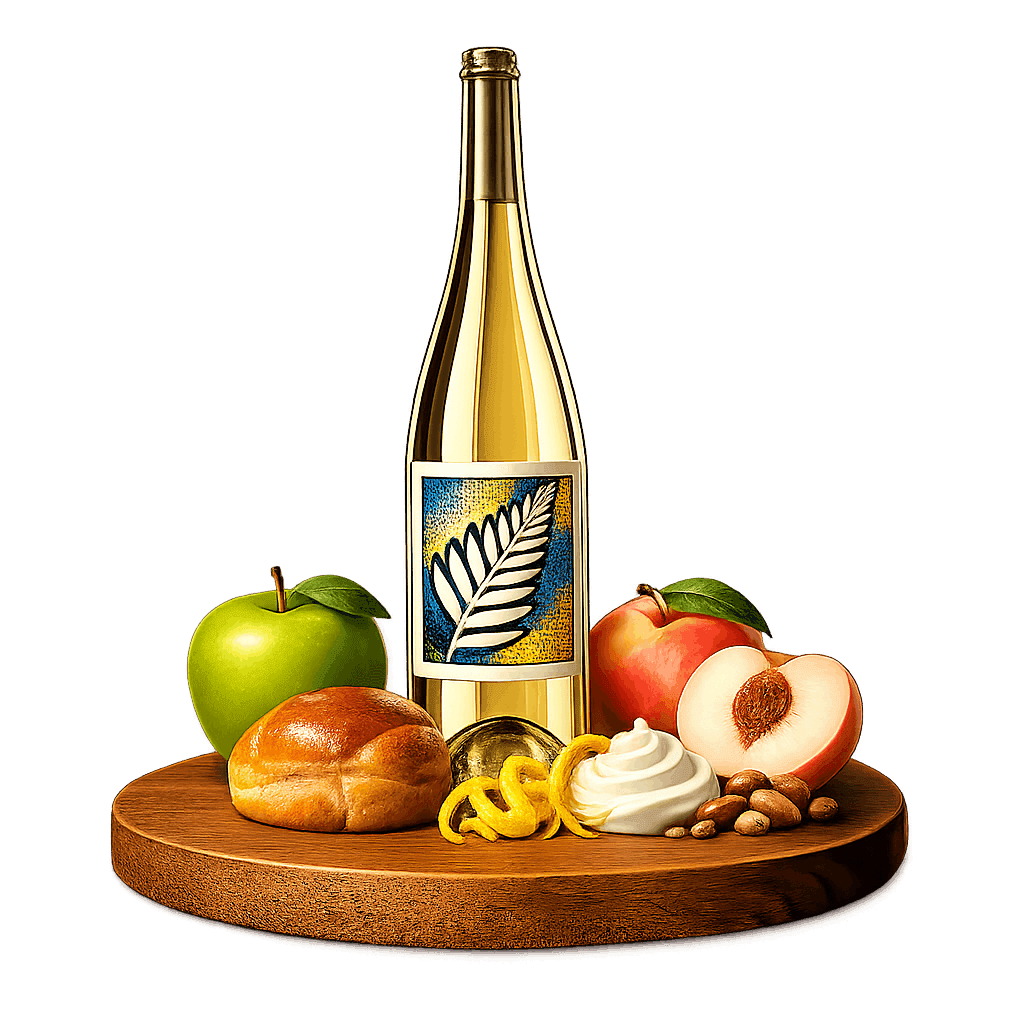 Artistic label and flavor profile for New Zealand Sparkling Wine on a rustic wooden table.