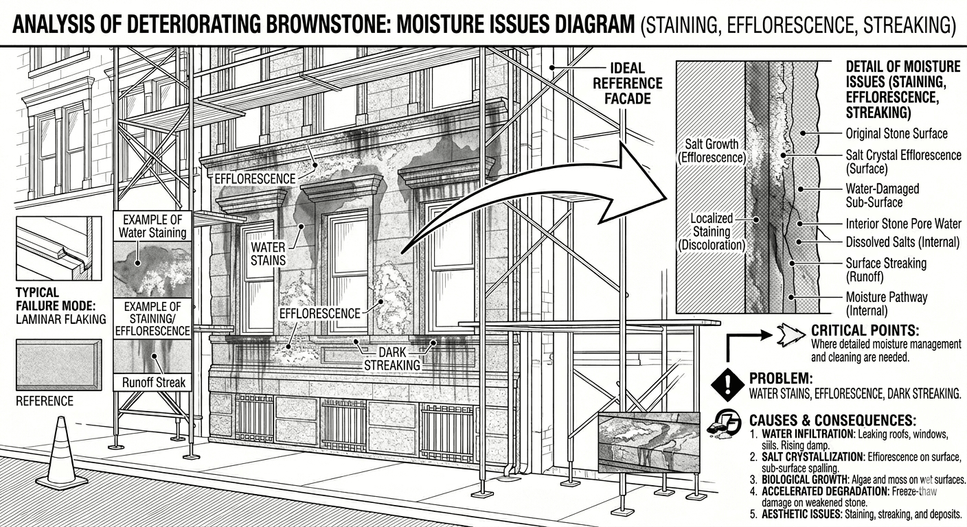 analysis diagram of brownstone moisture issues damages on a brownstone facade