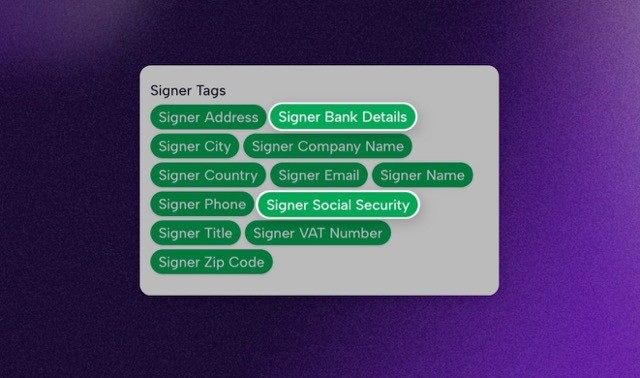 Visual showing signer SmartTags on Connie, including bank details and social security number