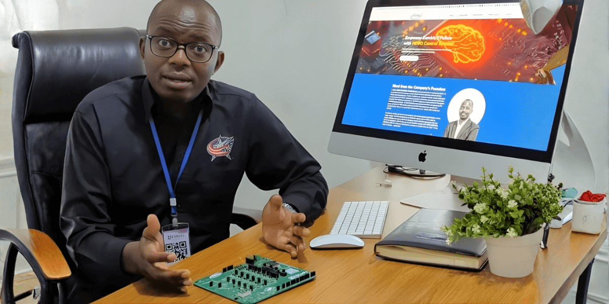 ZStudy founder Cephas Kalembo demonstrating offline AI hardware at desk, showcasing edge computing innovation advancing rural education and African technology.