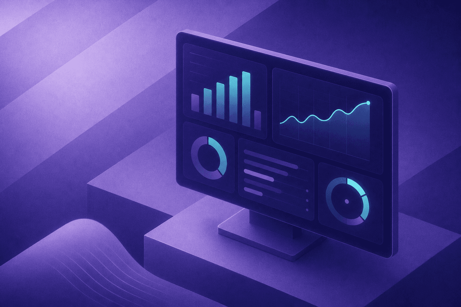 A sleek B2B analytics dashboard displayed on a modern monitor, showing bar charts and line graphs with upward trends, circular gauge indicators, data visualization panels with glowing teal and dark blue color scheme, minimalist enterprise software aesthetic, dark background with bright accent colors highlighting key metrics panels, geometric clean design, no people, no text, no labels, no numbers