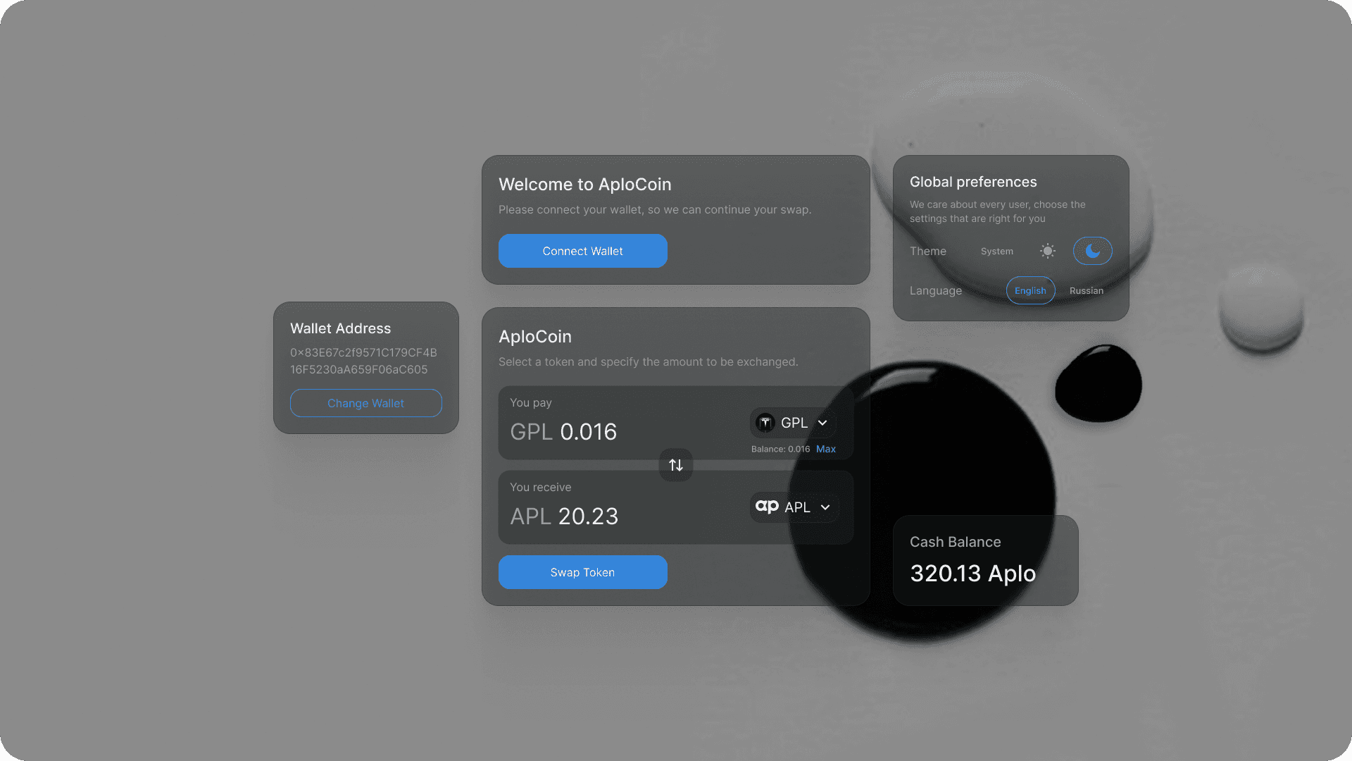 Dark-mode Aplocoin trading panel with token swap, liquidity indicators and clean crypto‑native UI.