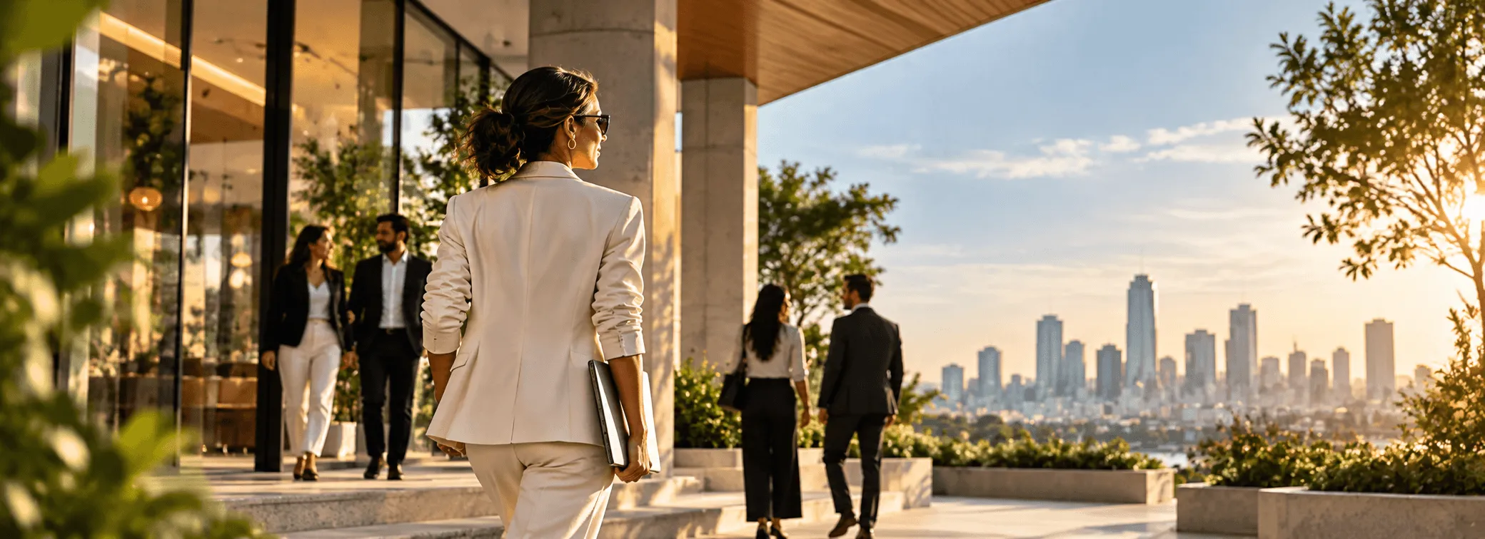 Business leaders moving through a modern environment, representing strategic expertise, growth, collaboration, and business decision-making.