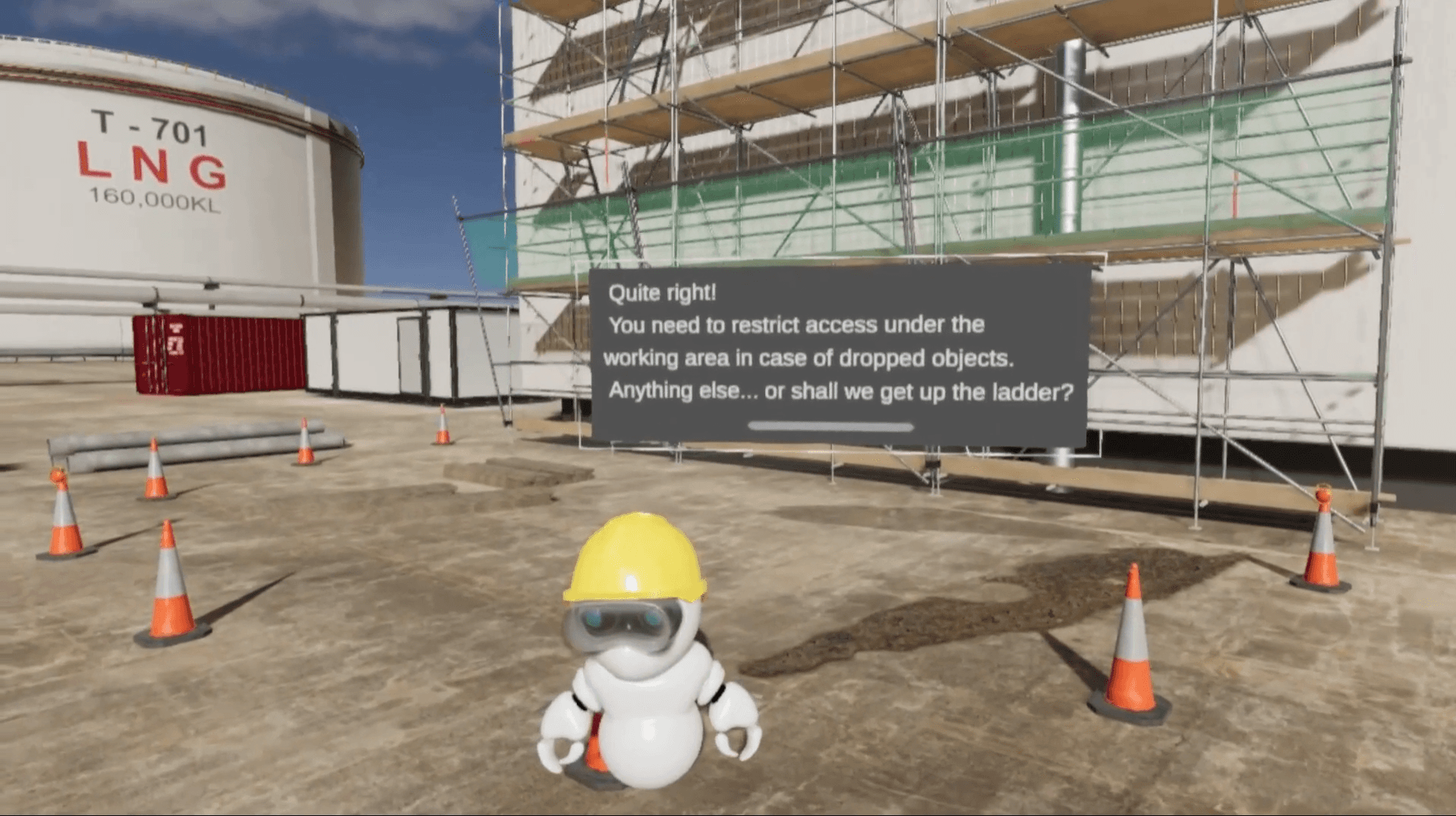 Dialog of virtual instructor for working at heights training in virtual reality