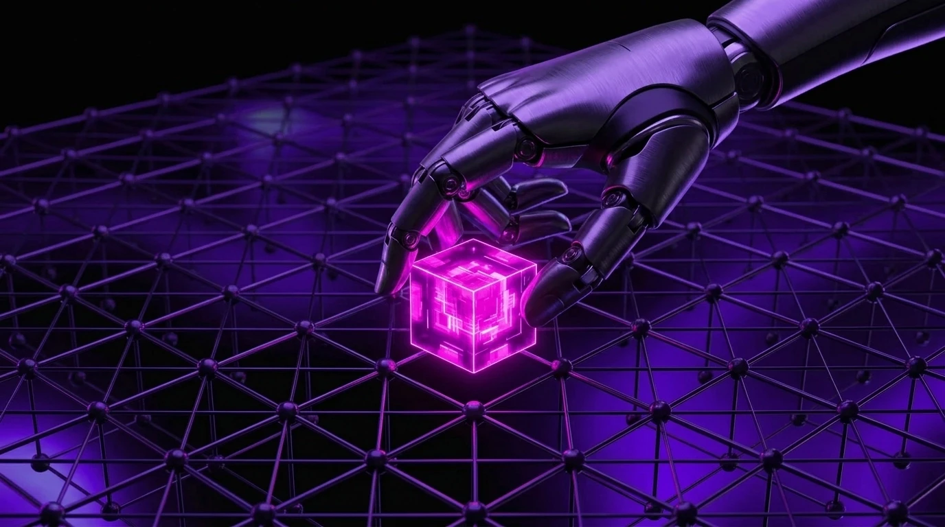 a modern graphic of a robotic hand grabbing a pink cube