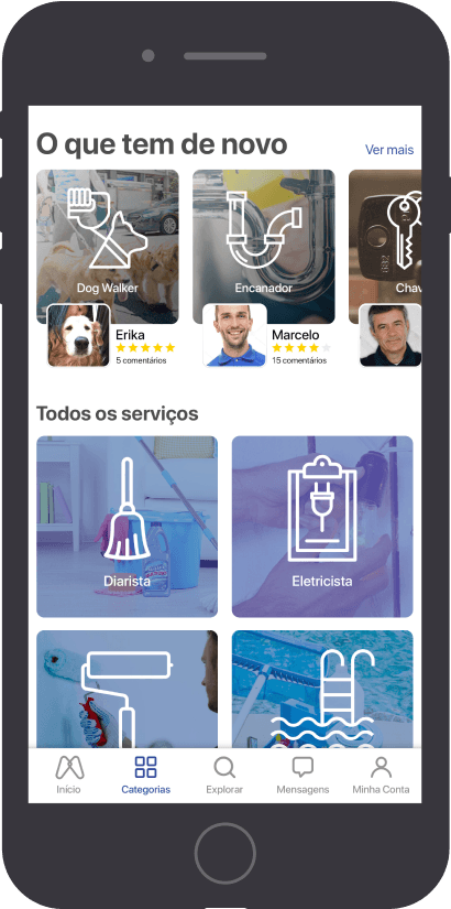 The image shows a mobile app interface in Portuguese, displaying various service categories. The top section titled "O que tem de novo" (What's new) features three services: Dog Walker, Encanador (Plumber), and Chaveiro (Locksmith), each with a profile picture and user ratings. Below this, the section "Todos os serviços" (All services) lists additional service categories with icons: Diarista (Housekeeper), Eletricista (Electrician), and others. The bottom navigation bar includes icons for Home (Início), Categories (Categorias), Explore (Explorar), Messages (Mensagens), and My Account (Minha Conta).