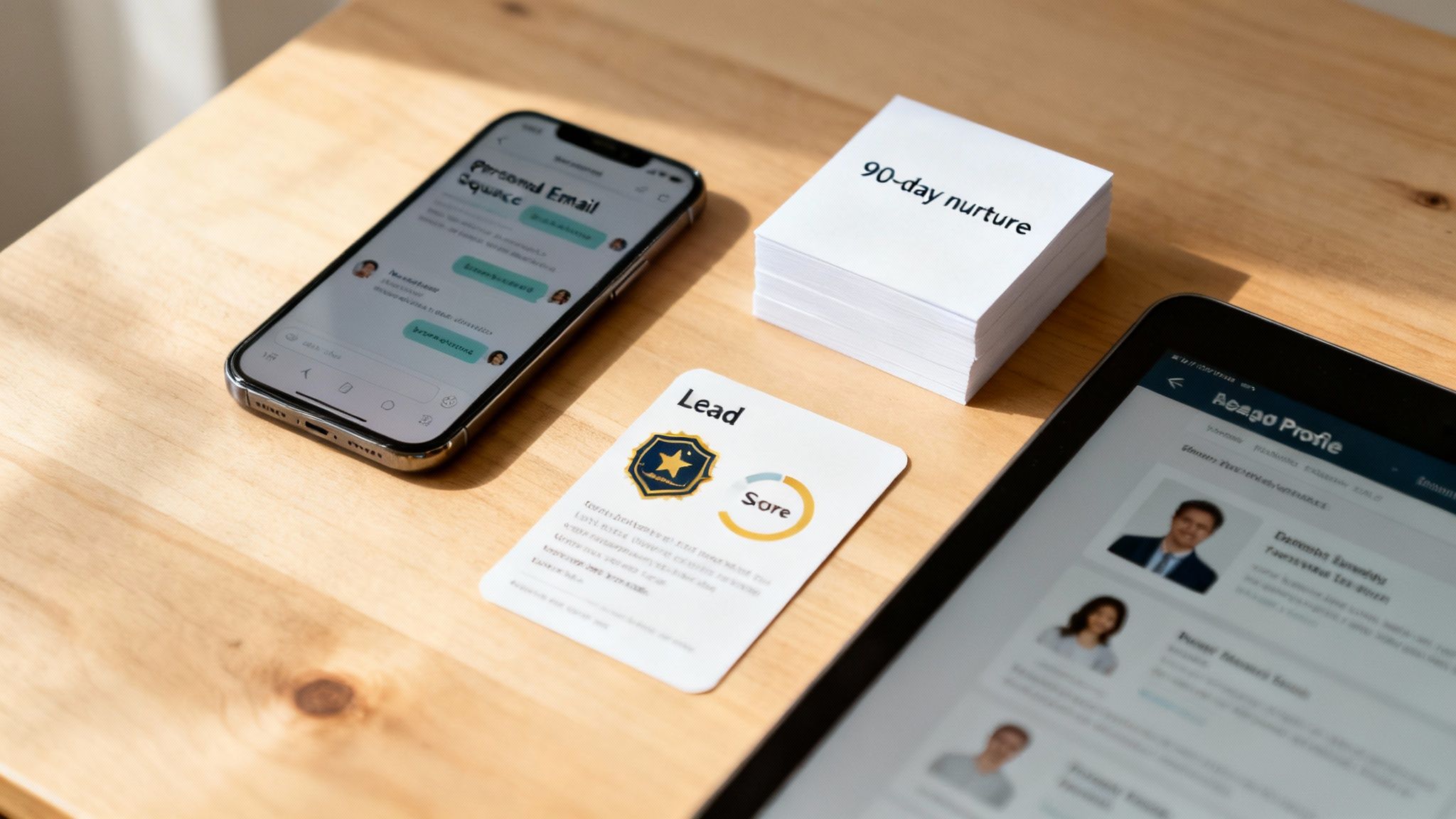 Flat lay of a desk with a smartphone, tablet, and marketing strategy cards for lead nurturing.