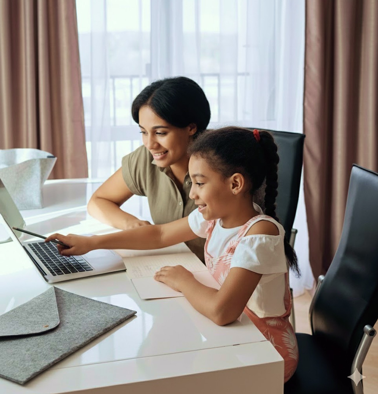 A mother and her daughter are working together on a laptop, focusing on homework