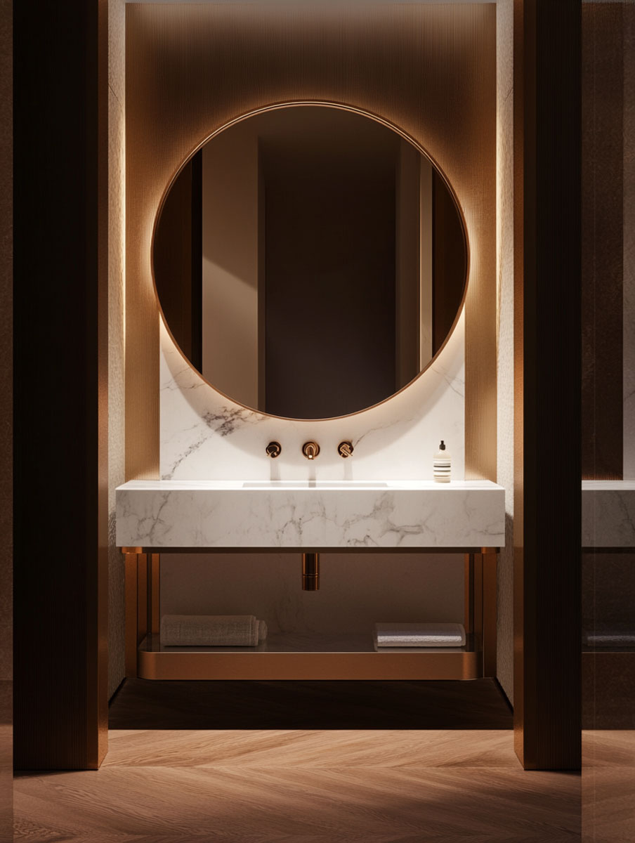 Ein moderner Waschtisch mit einem runden, hinterleuchteten Spiegel über einem weißen Marmorwaschbecken, goldenen Armaturen und einem minimalistischen Regal, auf dem ein aufgerolltes Handtuch und eine kleine Flasche stehen. Warme Beleuchtung und realistische CGI-Renderings schaffen eine gemütliche Atmosphäre.