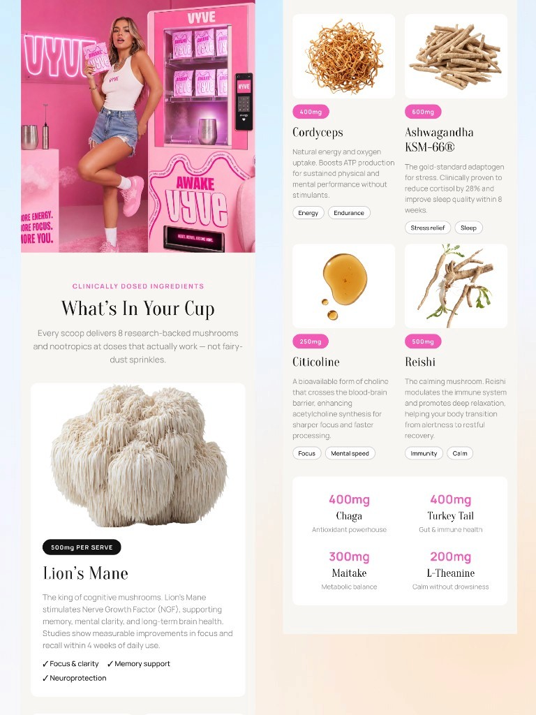 Vyve mobile What's In Your Cup ingredient section with dose callouts and benefit tags