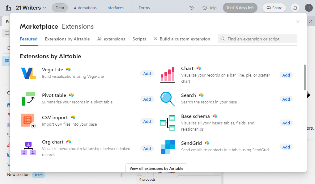 Overview of Airtable’s extensions marketplace highlighting report tools like Charts, Pivot Table, Org Chart, Vega-Lite, etc.