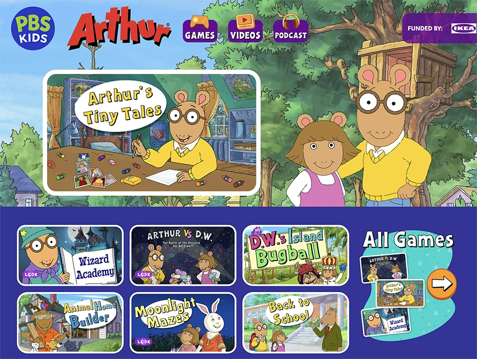 PBS KIDS website asset updates, featuring iconic and long-standing shows such as Arthur, Daniel Tiger, Clifford, Curious George, and more.
