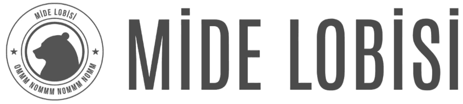 Görselde, ortada bir ayı başı silüeti bulunan dairesel siyah beyaz bir logo, üstte "Mide Lobisi" ve altta "Omnom Nommm Nommm Nommm" ifadeleri ve her iki tarafta küçük yıldız ikonları yer alıyor.