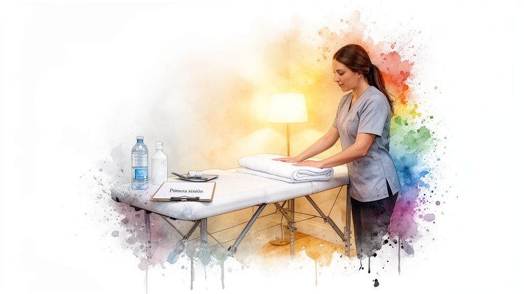 Terapeuta preparando una camilla de masaje con toallas limpias y productos, lista para una sesión.