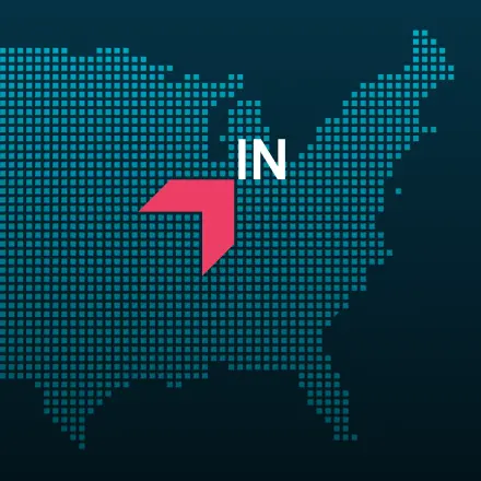 Map highlighting Indiana with a red arrow, representing GIA Group, LLC truck insurance coverage area