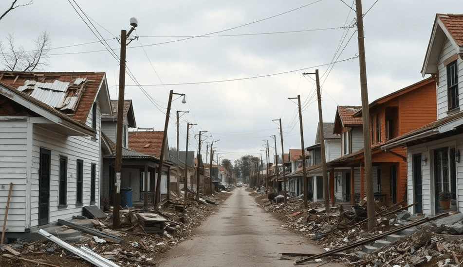 street with rows of damaged homes