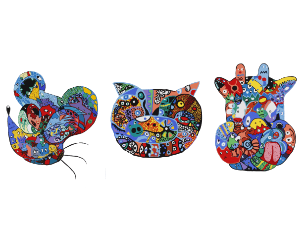 The image shows three colorful, stylized animal faces arranged horizontally. The leftmost face is shaped like a fish with flowing fins and features a variety of colors including blue, green, yellow, red, and purple. The middle face resembles a cat with pointed ears and a patterned design. The rightmost face is shaped like a dog or wolf with rounded ears and a colorful, cartoon-like appearance. Each face is composed of numerous small, irregular shapes and patterns against a white background.