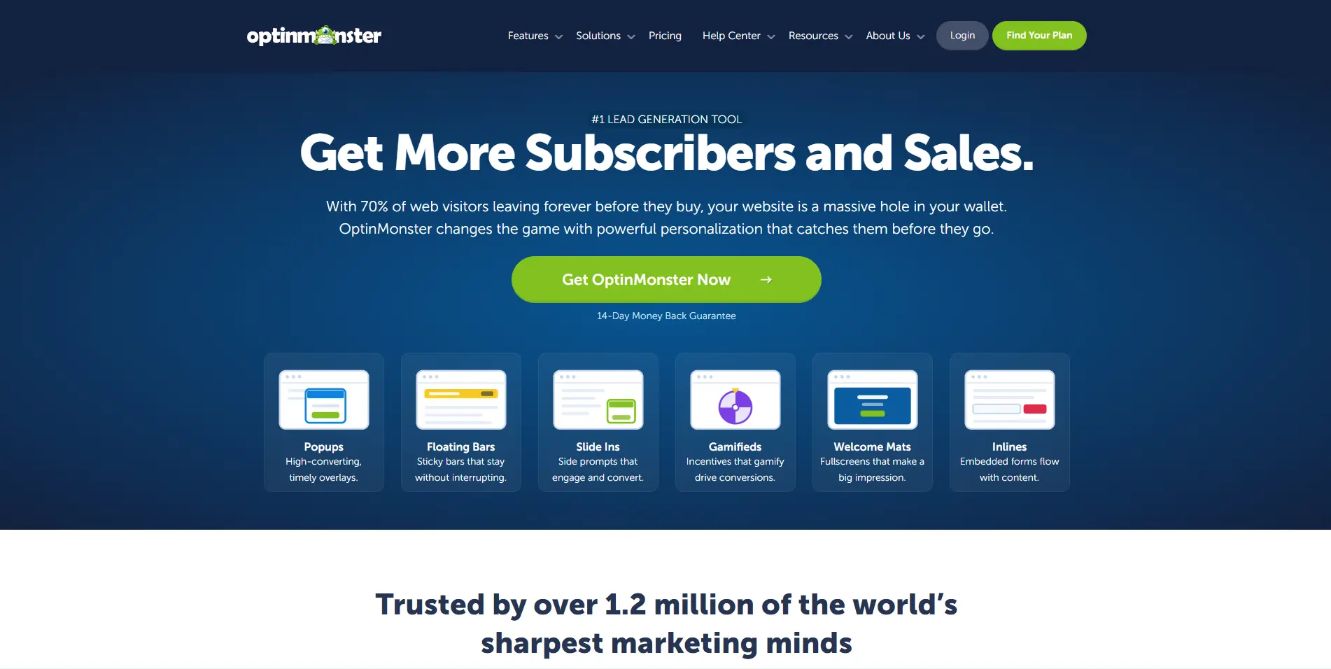 OptinMonster homepage hero section on a blue gradient background featuring the headline “Get more subscribers and sales”