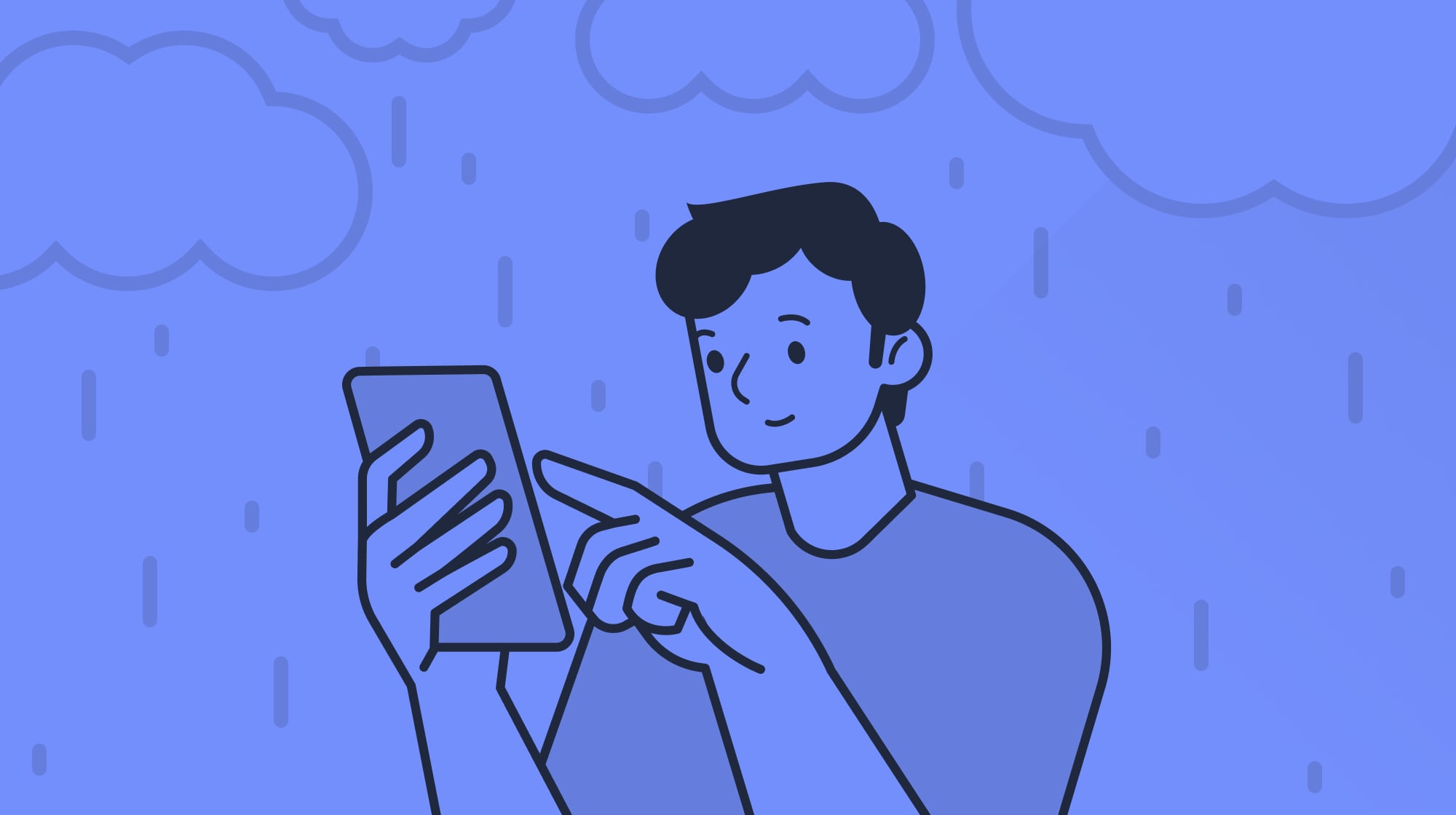 An illustration of a male looking at his mobile phone on a rainy day.