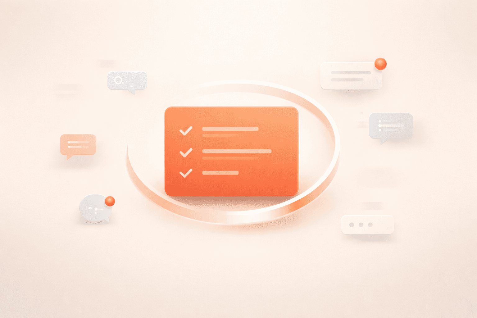 Minimalistische 3D-Illustration mit einer zentralen korallfarbenen Aufgabenkarte, die von einem halbkreisförmigen Timer-Ring umgeben ist. Um die Karte schweben leicht transparente Benachrichtigungs- und Chat-Symbole, die nach außen verblassen. Der Hintergrund ist ein warmer creme-beiger Farbverlauf mit viel freiem Raum und weichen Schatten, wodurch der Fokus klar auf der einzelnen Aufgabe in der Mitte liegt.