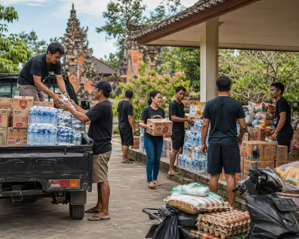 Support with supplies or logistics vehicles: Volunteers unload water and supply boxes from a truck at an emergency distribution site near a Balinese temple