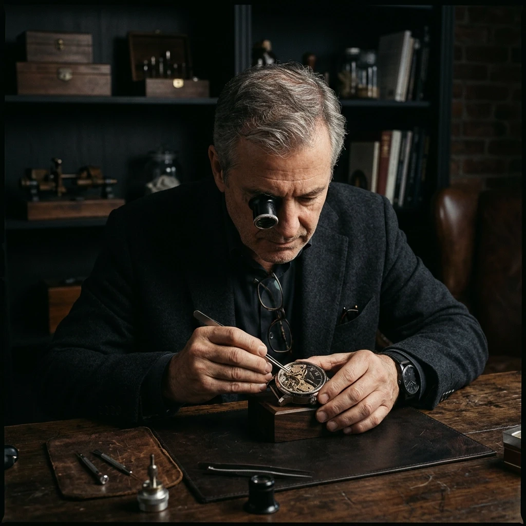 Watch specialist seated at a desk examining a luxury timepiece with tools in a dimly lit office.