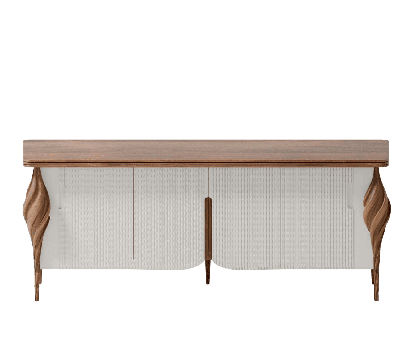 Modern wooden sideboard cabinet with white textured doors and curved legs