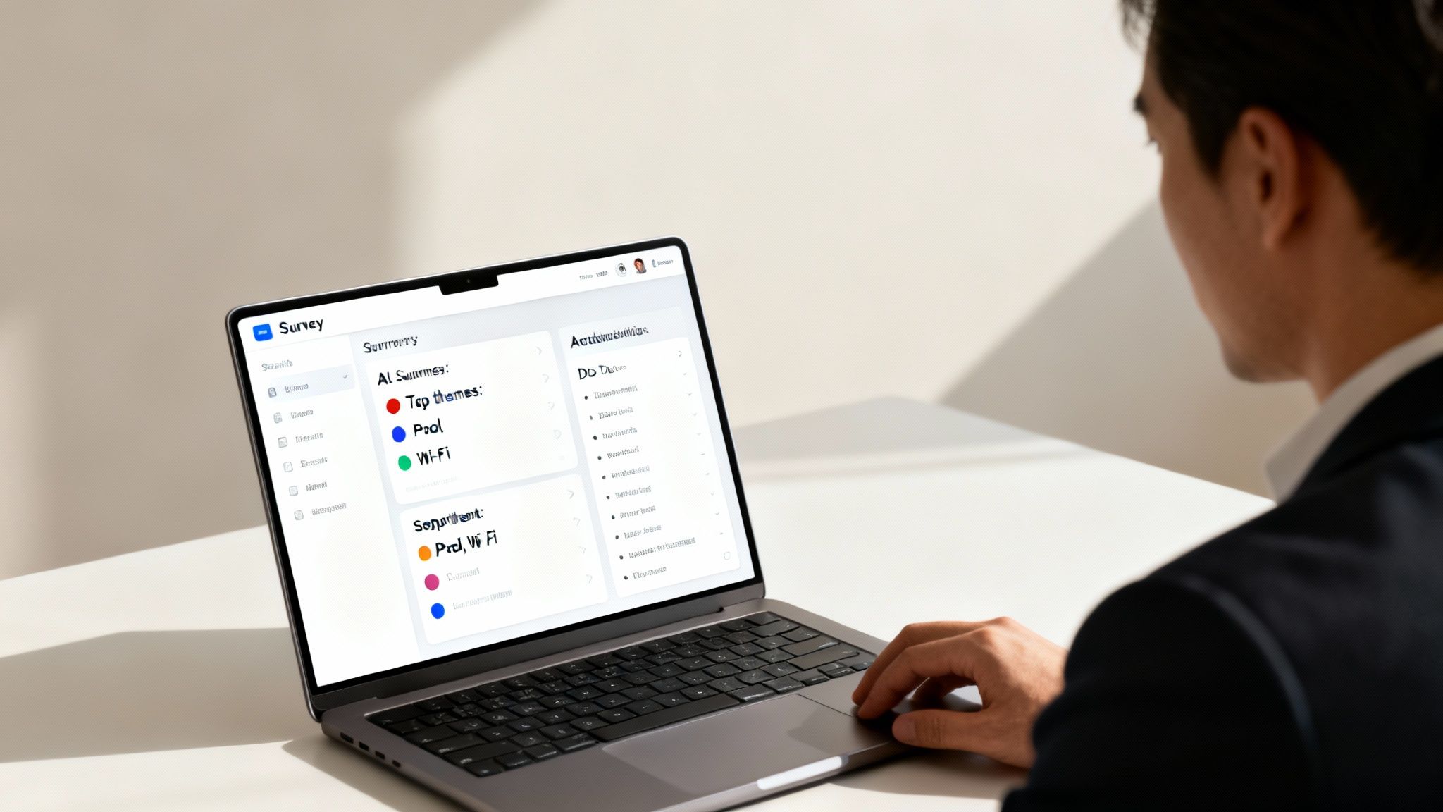 A person reviews customer survey results on a laptop, showing themes like pool and Wi-Fi.